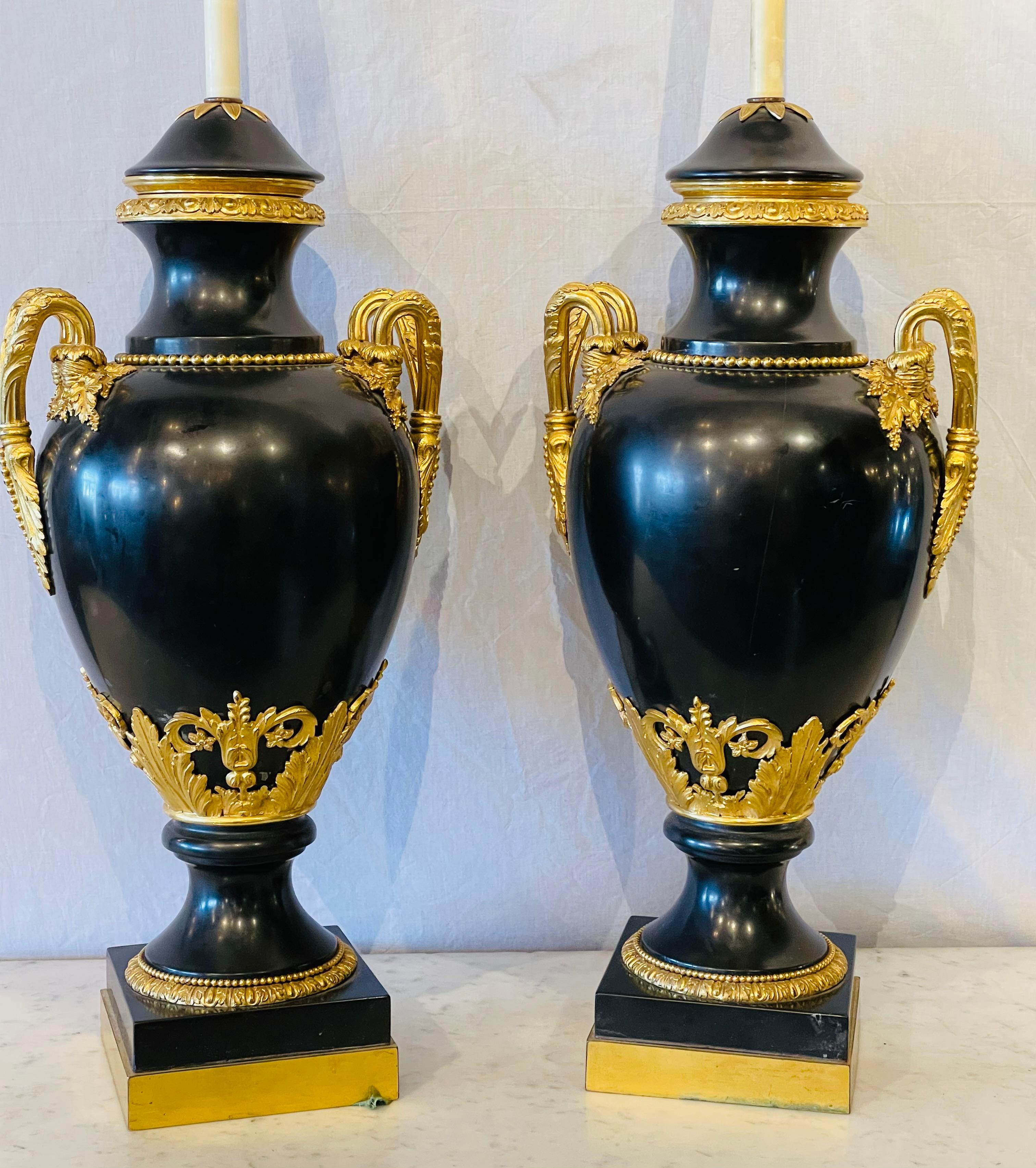 French Pair of 19th Century Doré and Black Marble Table Lamps or Urns