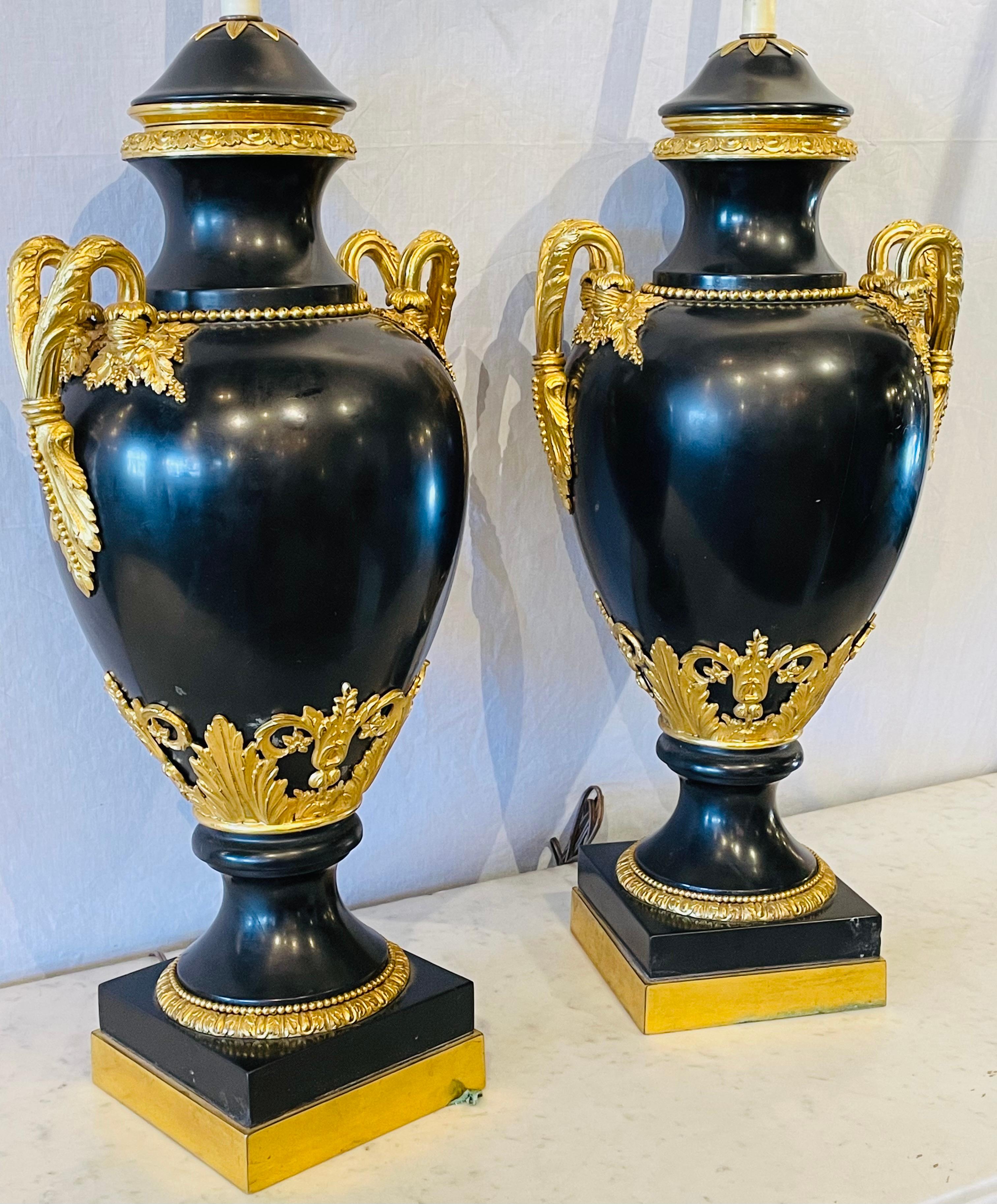 Gilt Pair of 19th Century Doré and Black Marble Table Lamps or Urns