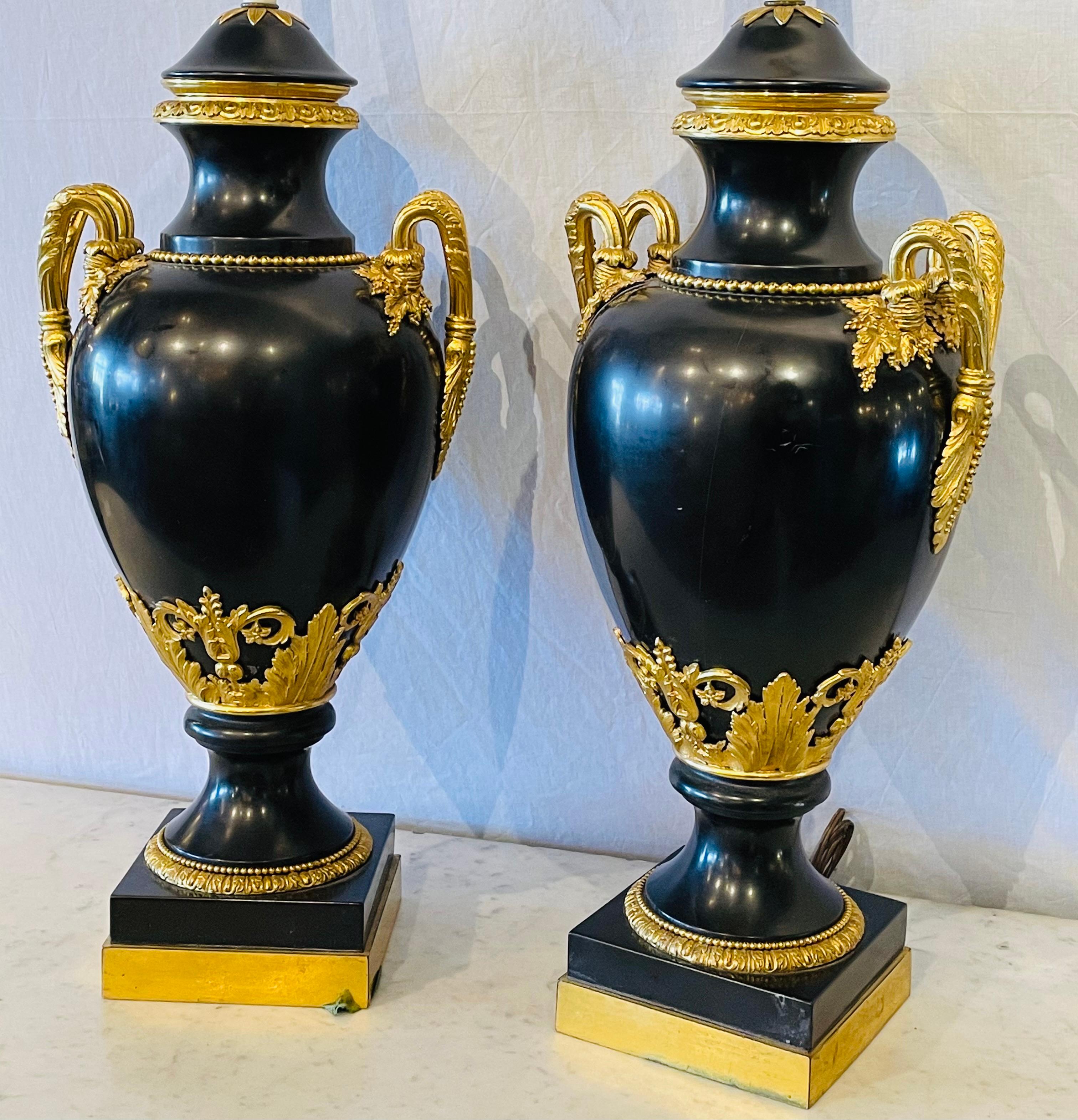 Pair of 19th Century Doré and Black Marble Table Lamps or Urns In Good Condition In Stamford, CT