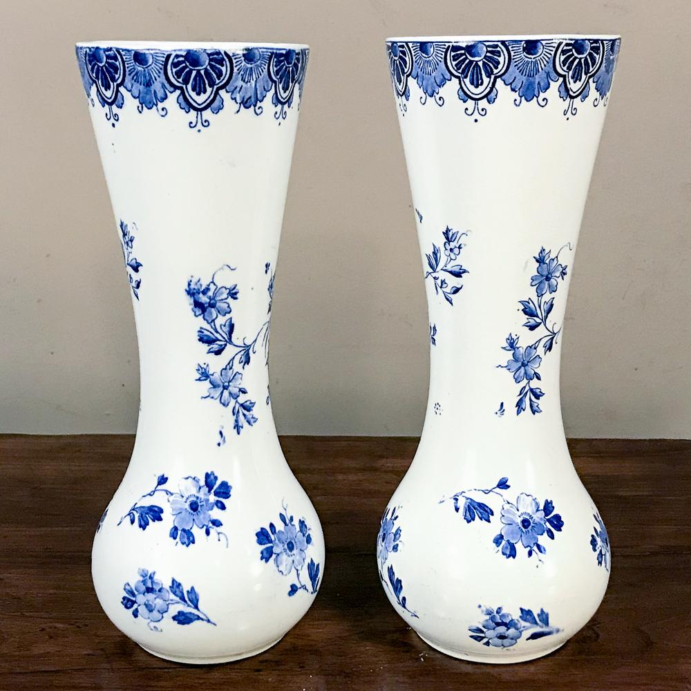 Hand-Painted Pair 19th Century Dutch Blue and White Vases