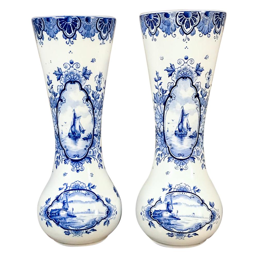Pair 19th Century Dutch Blue and White Vases