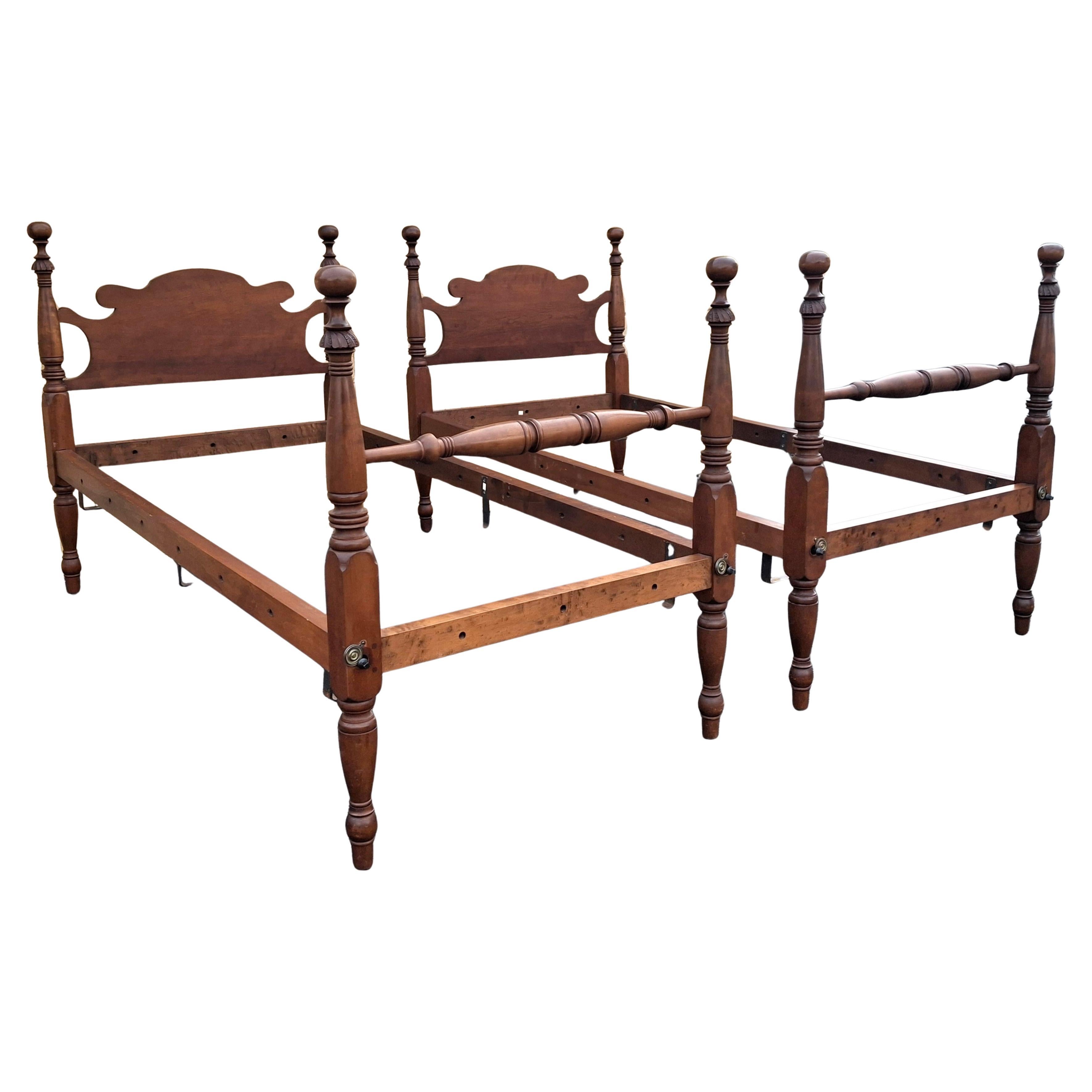 Paire A.I.C. Early American Walnut Converted Semi-Poster Twin Rope Bedframe