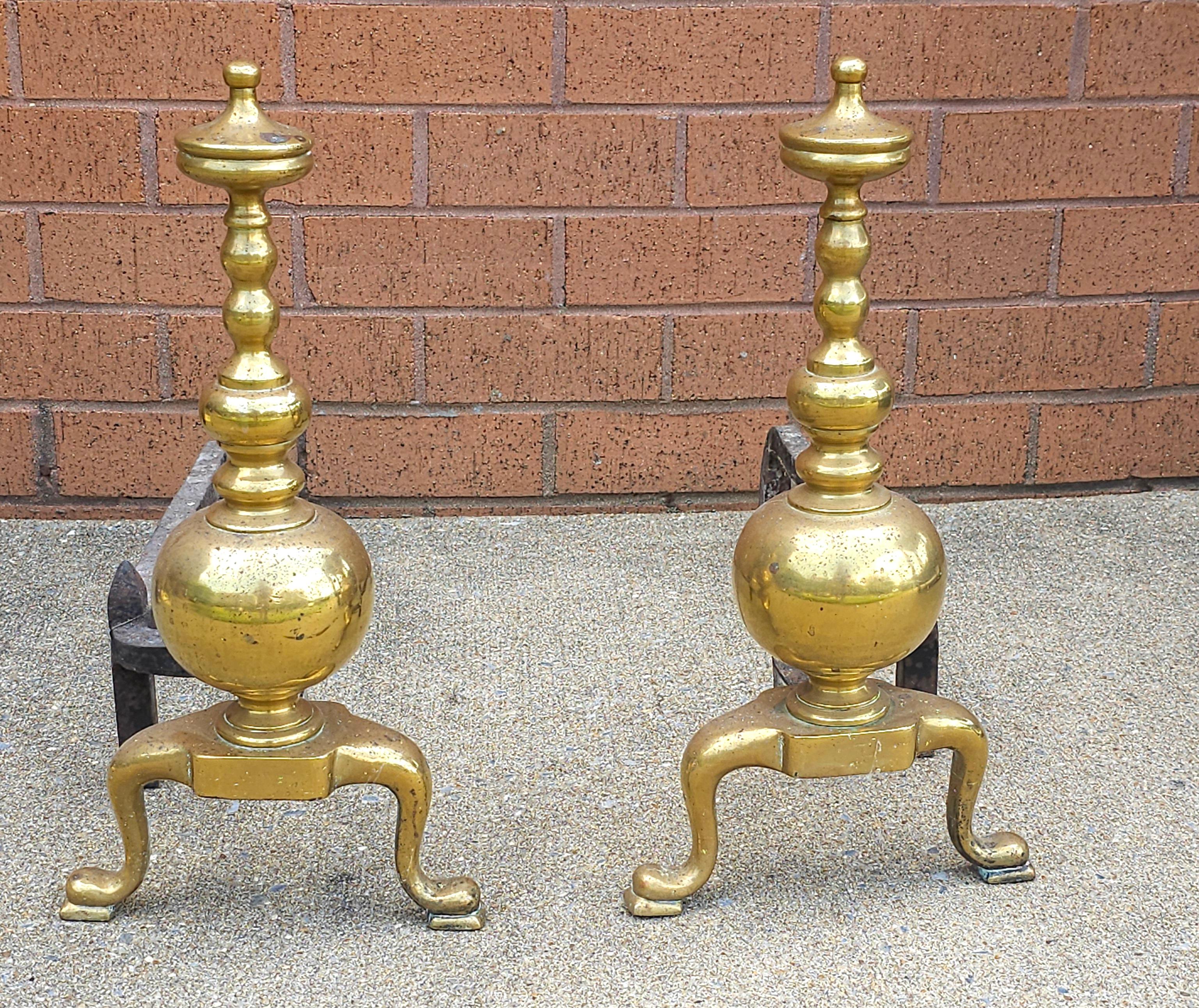 American Pair 19th Century Edwardian Cast Brass Fireplace Andirons For Sale