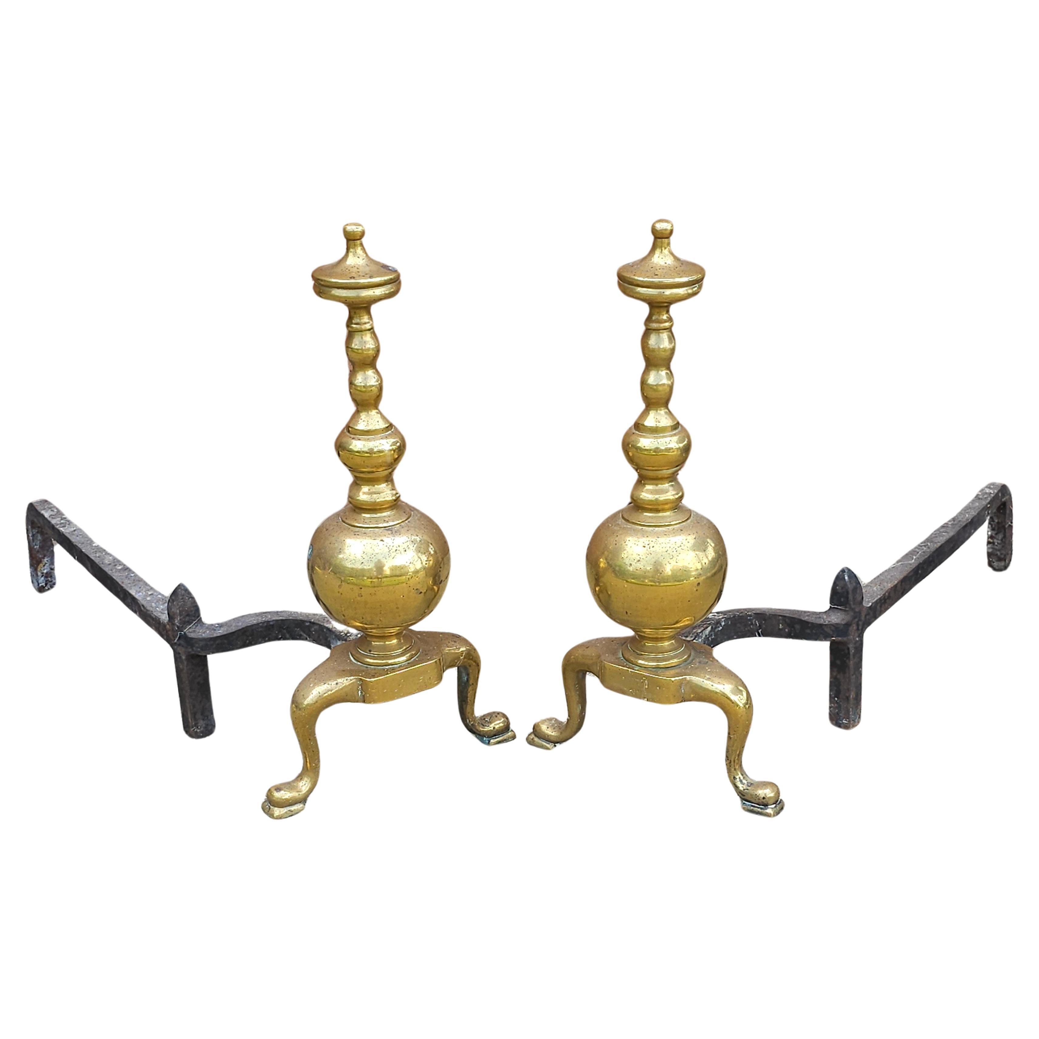 Paar Edwardianische Guss-Messing-Kamin-Androhnen des 19.
