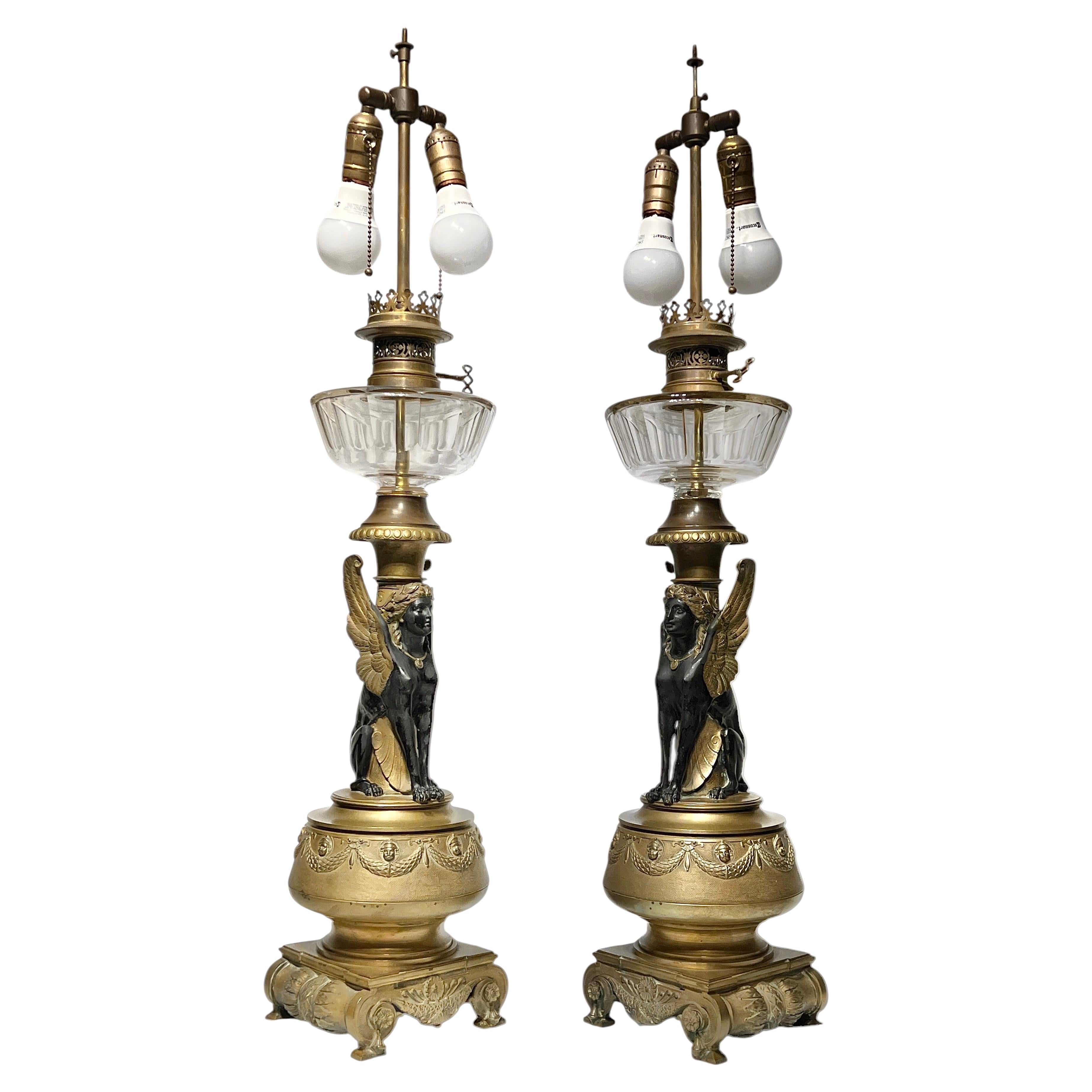 Pair 19th Century Egyptian Revival Bronze Table Lamps