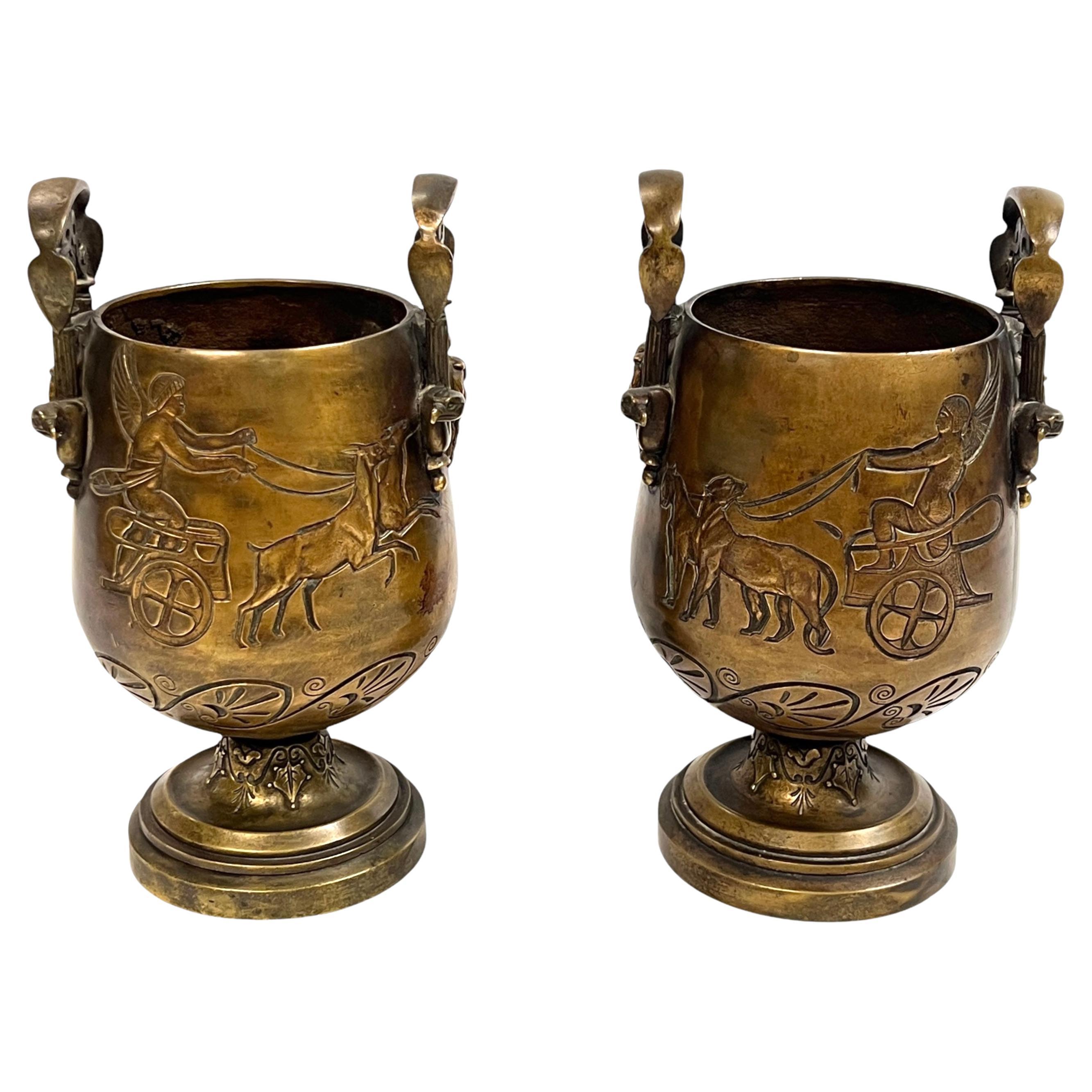 Pair 19th Century Egyptian Revival Bronze Vases