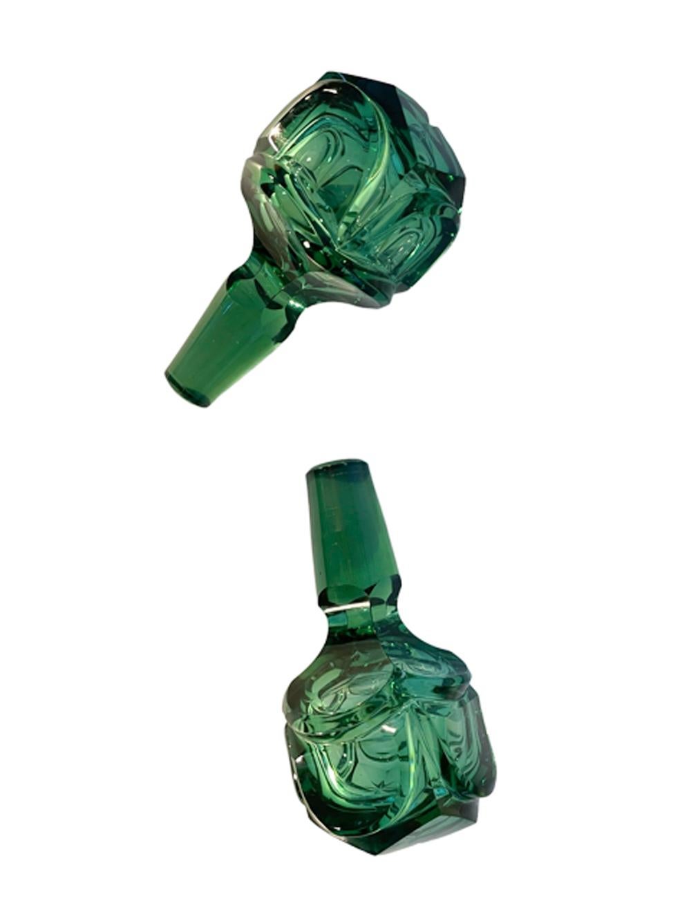 Pair 19th Century Elaborately Cut Emerald Green Anglo-Irish Decanters In Good Condition In Nantucket, MA