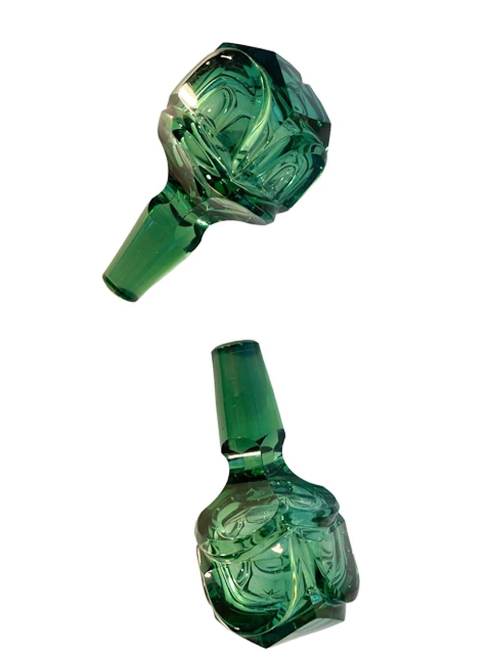 Cut Glass Pair 19th Century Elaborately Cut Emerald Green Anglo-Irish Decanters