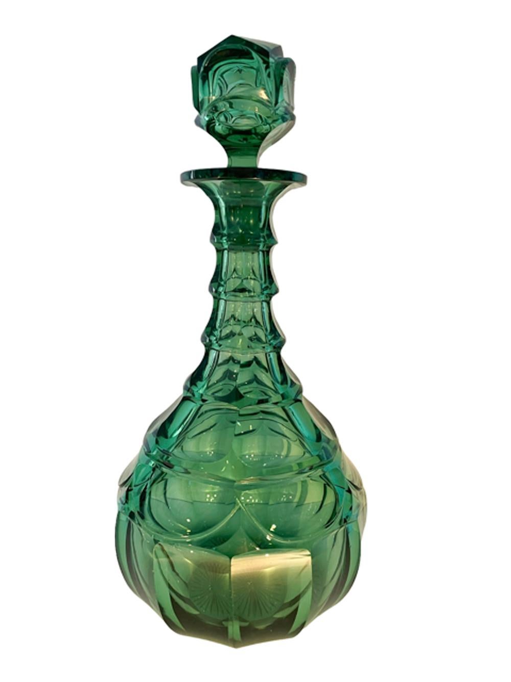 Pair 19th Century Elaborately Cut Emerald Green Anglo-Irish Decanters 1