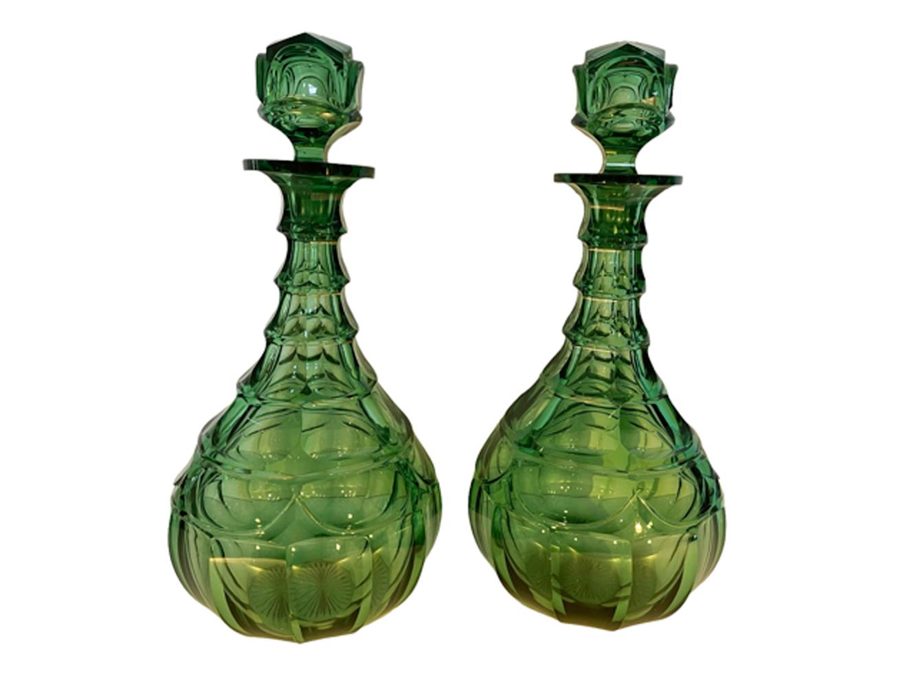 Pair 19th Century Elaborately Cut Emerald Green Anglo-Irish Decanters 2