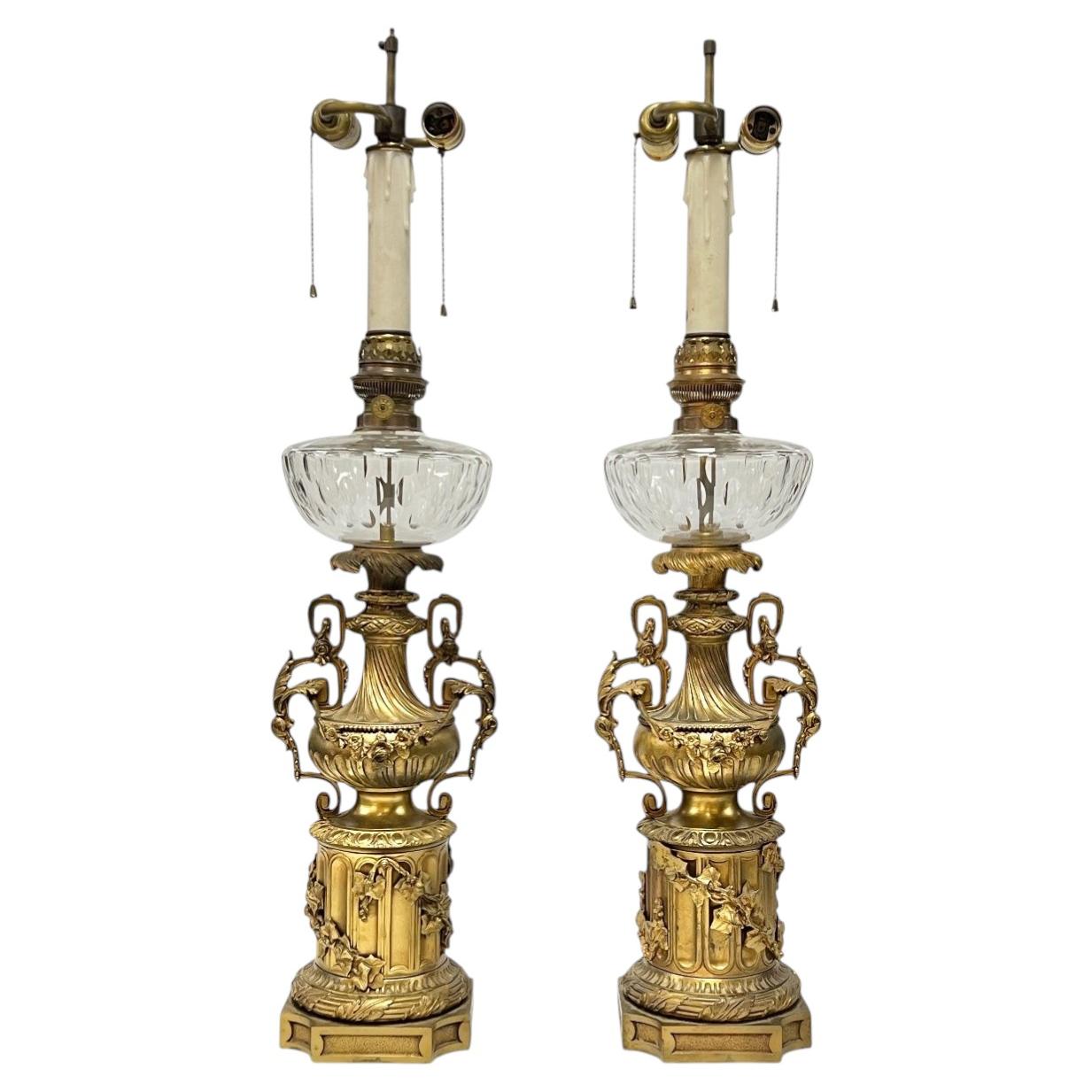 Pair 19th Century Electrified Bronze Oil Lamps For Sale
