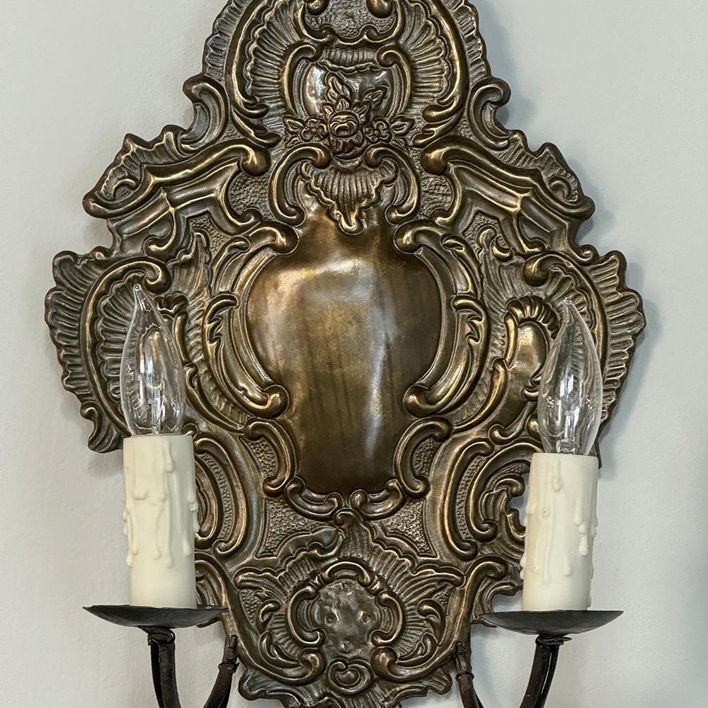 Pair 19th Century Embossed Brass Baroque Wall Sconces For Sale 3