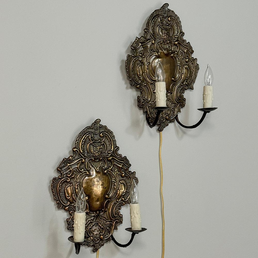 Baroque Revival Pair 19th Century Embossed Brass Baroque Wall Sconces For Sale