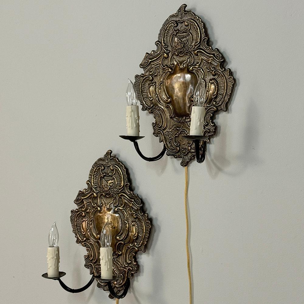 Italian Pair 19th Century Embossed Brass Baroque Wall Sconces For Sale