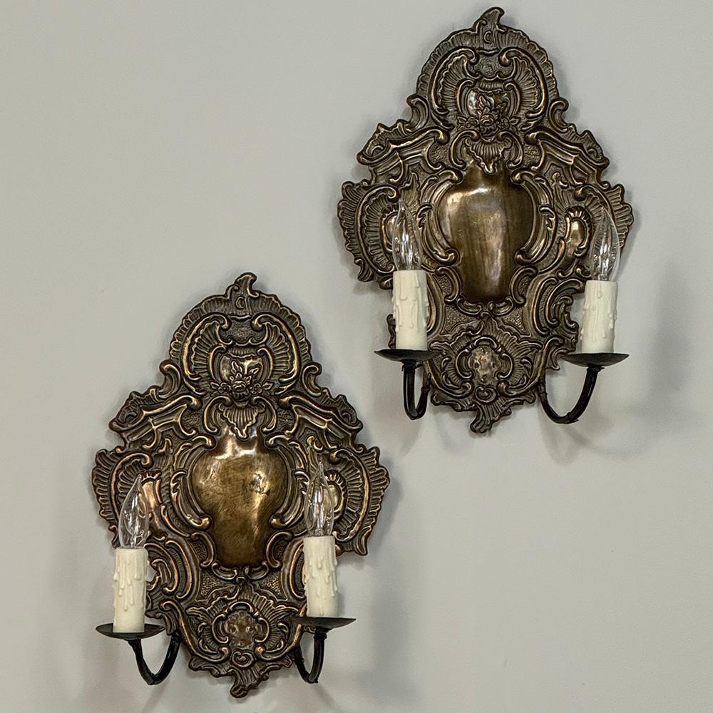 Hand-Crafted Pair 19th Century Embossed Brass Baroque Wall Sconces For Sale