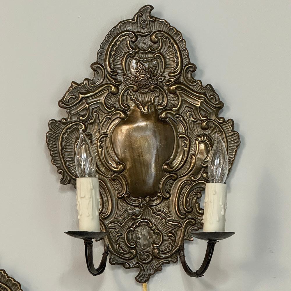Pair 19th Century Embossed Brass Baroque Wall Sconces In Good Condition For Sale In Dallas, TX