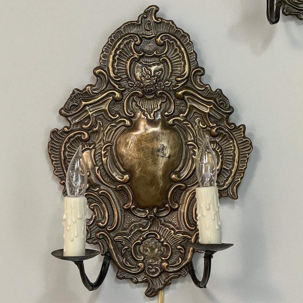 Mid-19th Century Pair 19th Century Embossed Brass Baroque Wall Sconces For Sale