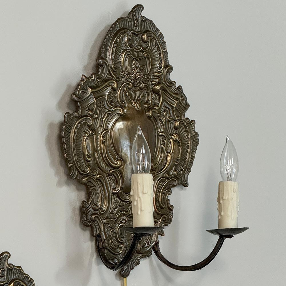 Pair 19th Century Embossed Brass Baroque Wall Sconces For Sale 1