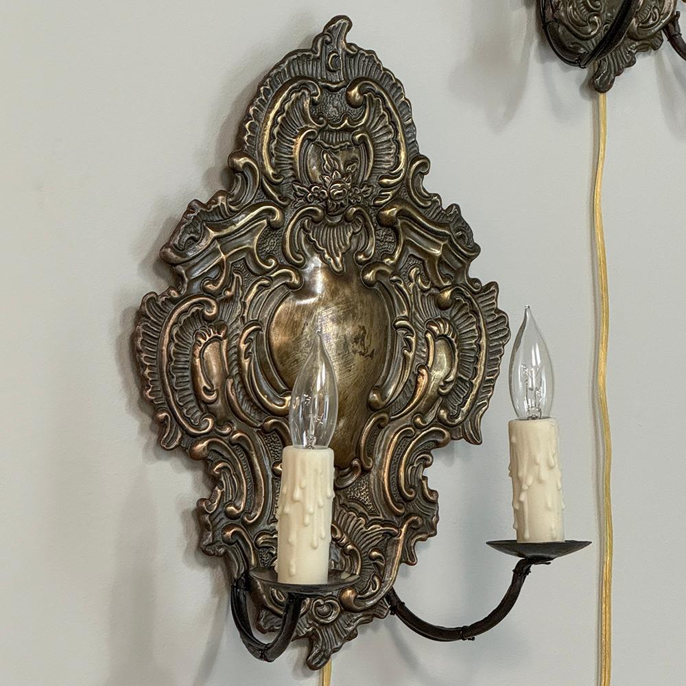 Pair 19th Century Embossed Brass Baroque Wall Sconces For Sale 2