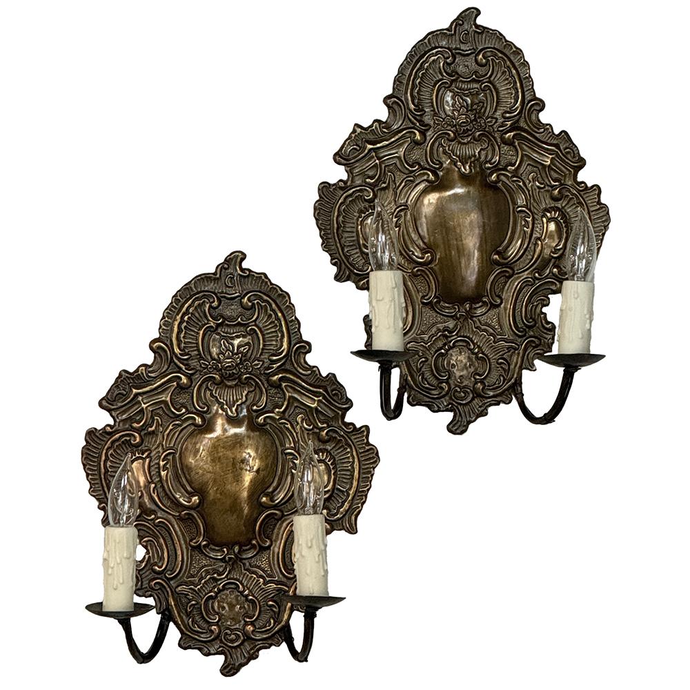 Pair 19th Century Embossed Brass Baroque Wall Sconces For Sale