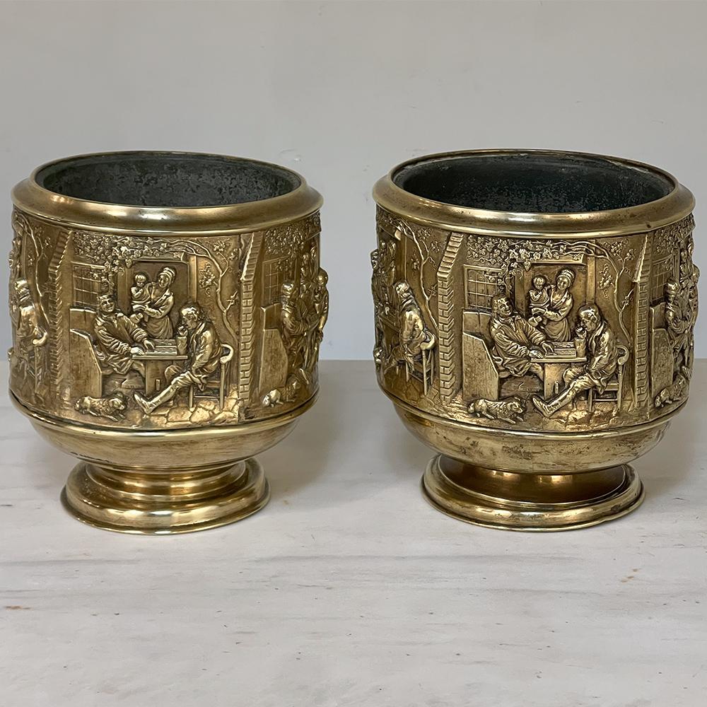 Beaux Arts Pair 19th Century Embossed Brass Jardinieres with Tin Liners For Sale