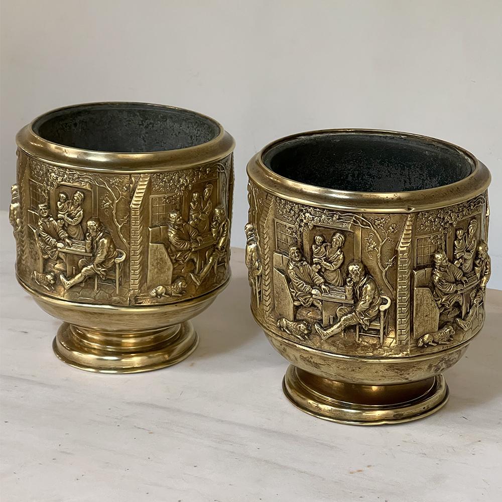 Belgian Pair 19th Century Embossed Brass Jardinieres with Tin Liners