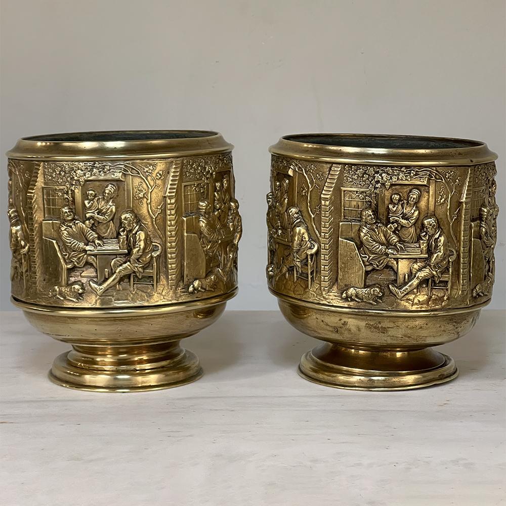 Late 19th Century Pair 19th Century Embossed Brass Jardinieres with Tin Liners