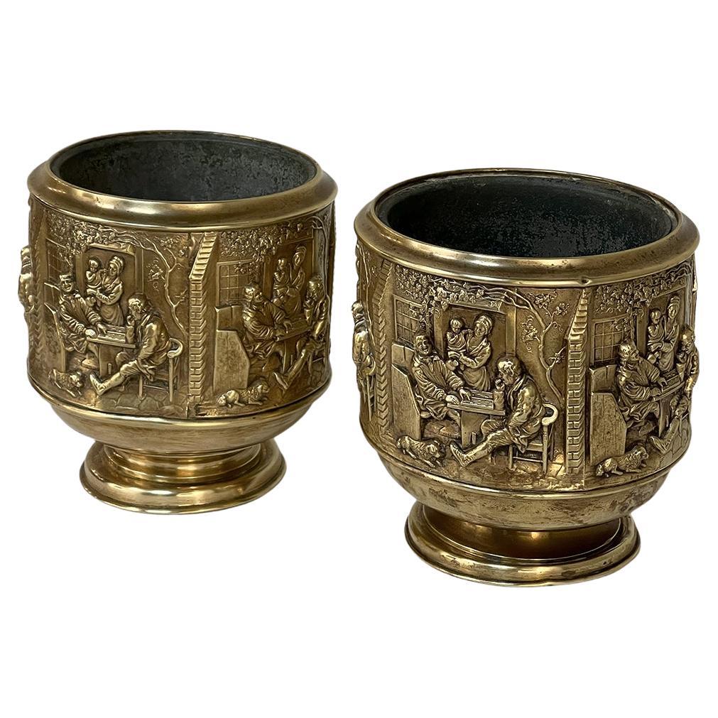 Pair 19th Century Embossed Brass Jardinieres with Tin Liners For Sale
