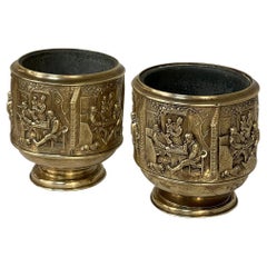 Vintage Pair 19th Century Embossed Brass Jardinieres with Tin Liners