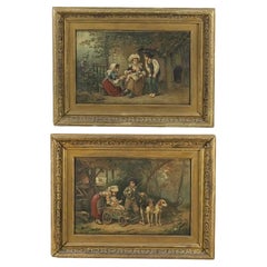 Paire de peintures en cuir gaufré du 19ème siècle