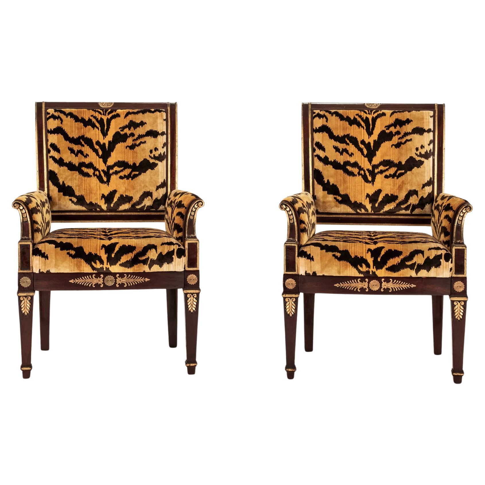 Pair 19th Century Empire Scalamandré Tiger Velvet Bergère Chairs