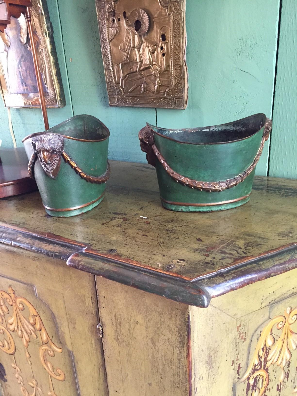 19th Century 19th C Empire Tole Painted Green & Bronze Jardinières Urns Cachepot, Pair