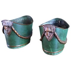 19th C Empire Tole Painted Green & Bronze Jardinières Urns Cachepot, Pair