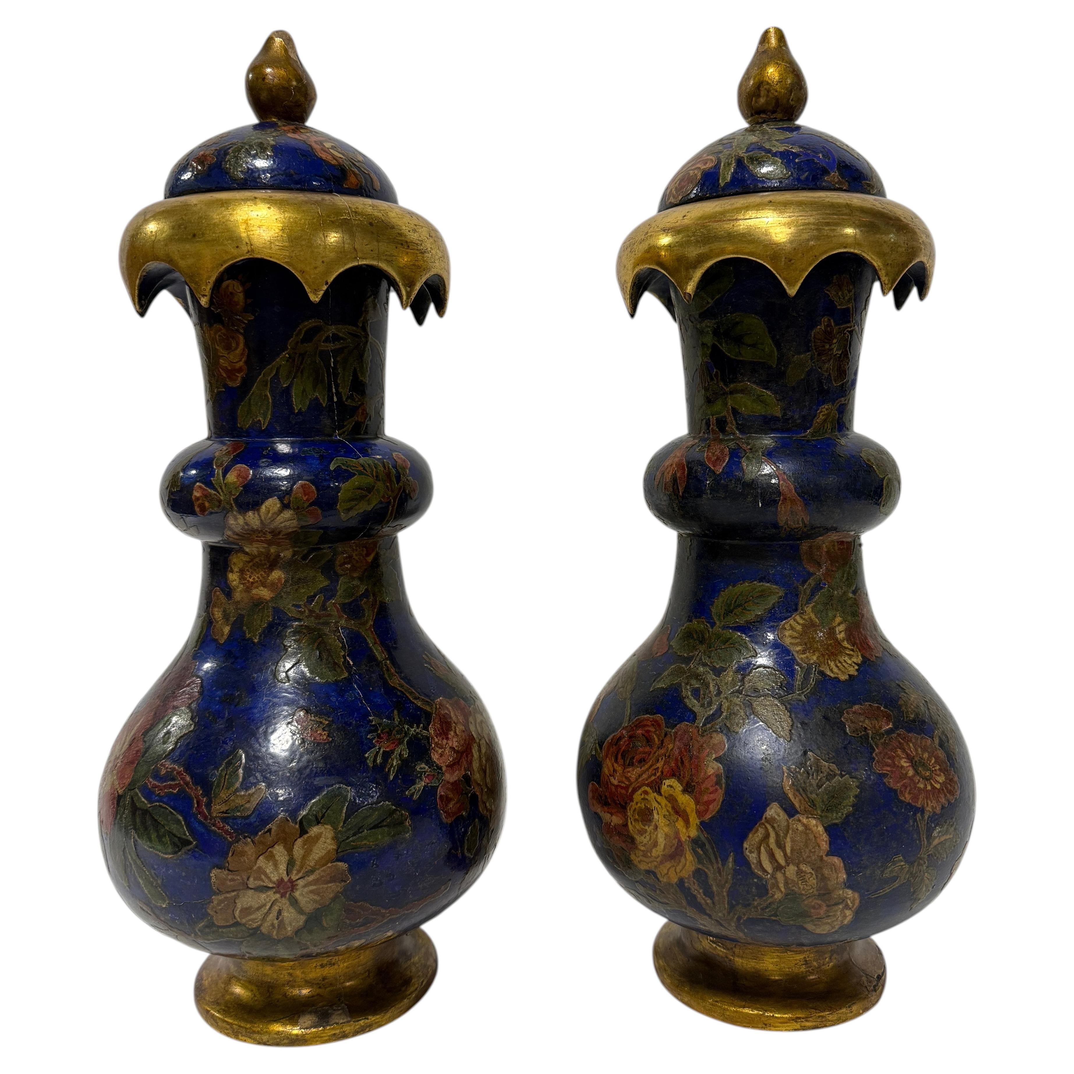 Pair, 19th Century English Brighton Pavilion Style Decoupage & Gilt wood Vases