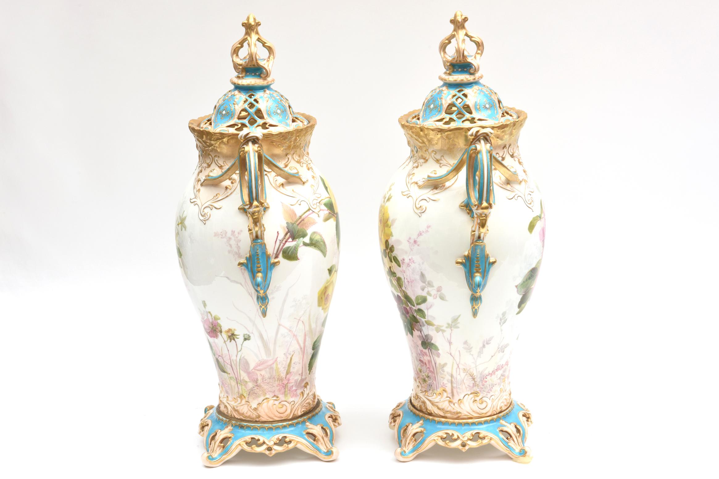Belle Époque 19th Century English Covered Vases, Vibrant Turquoise, Exquisitely Crafted, Pair