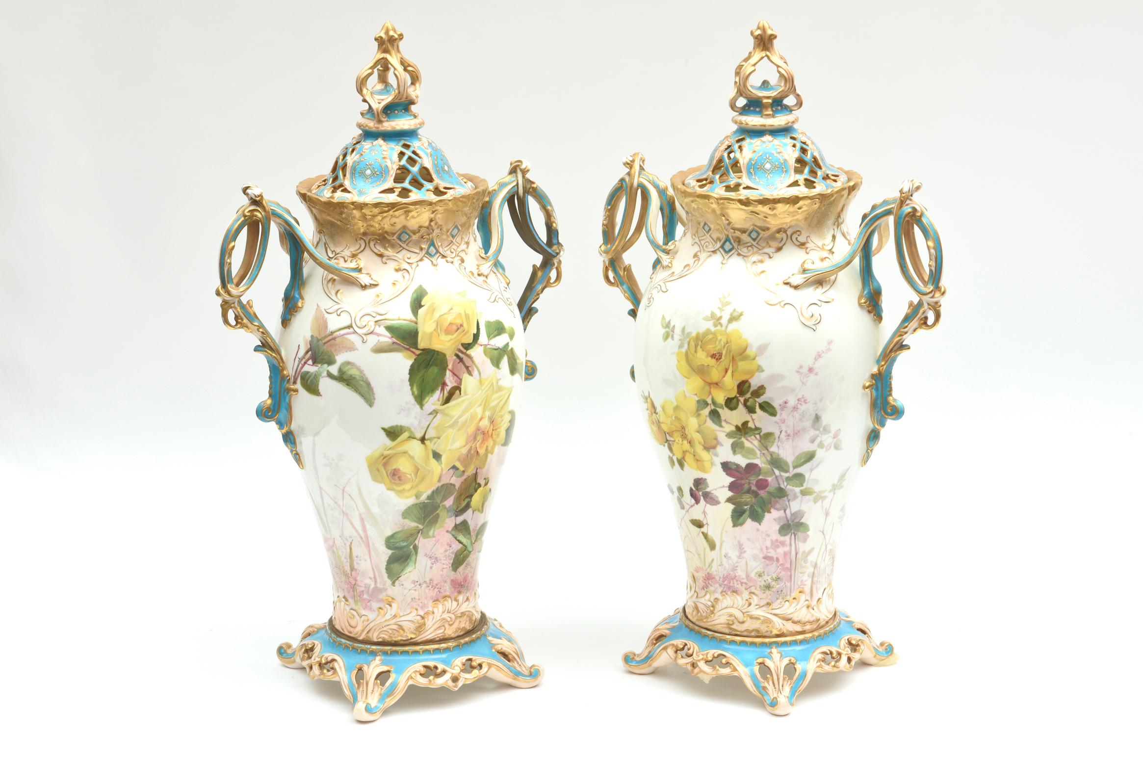 Hand-Painted 19th Century English Covered Vases, Vibrant Turquoise, Exquisitely Crafted, Pair