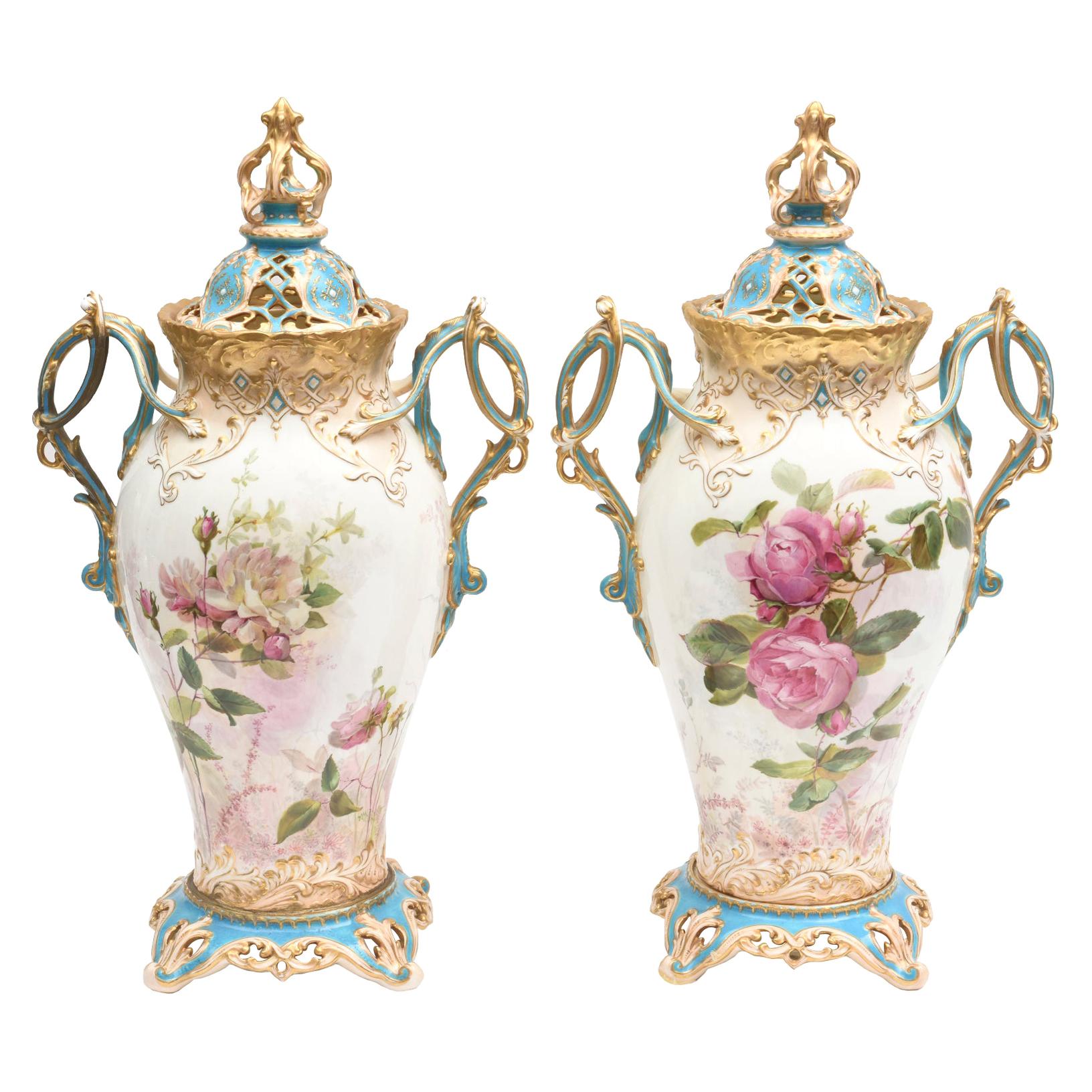 19th Century English Covered Vases, Vibrant Turquoise, Exquisitely Crafted, Pair