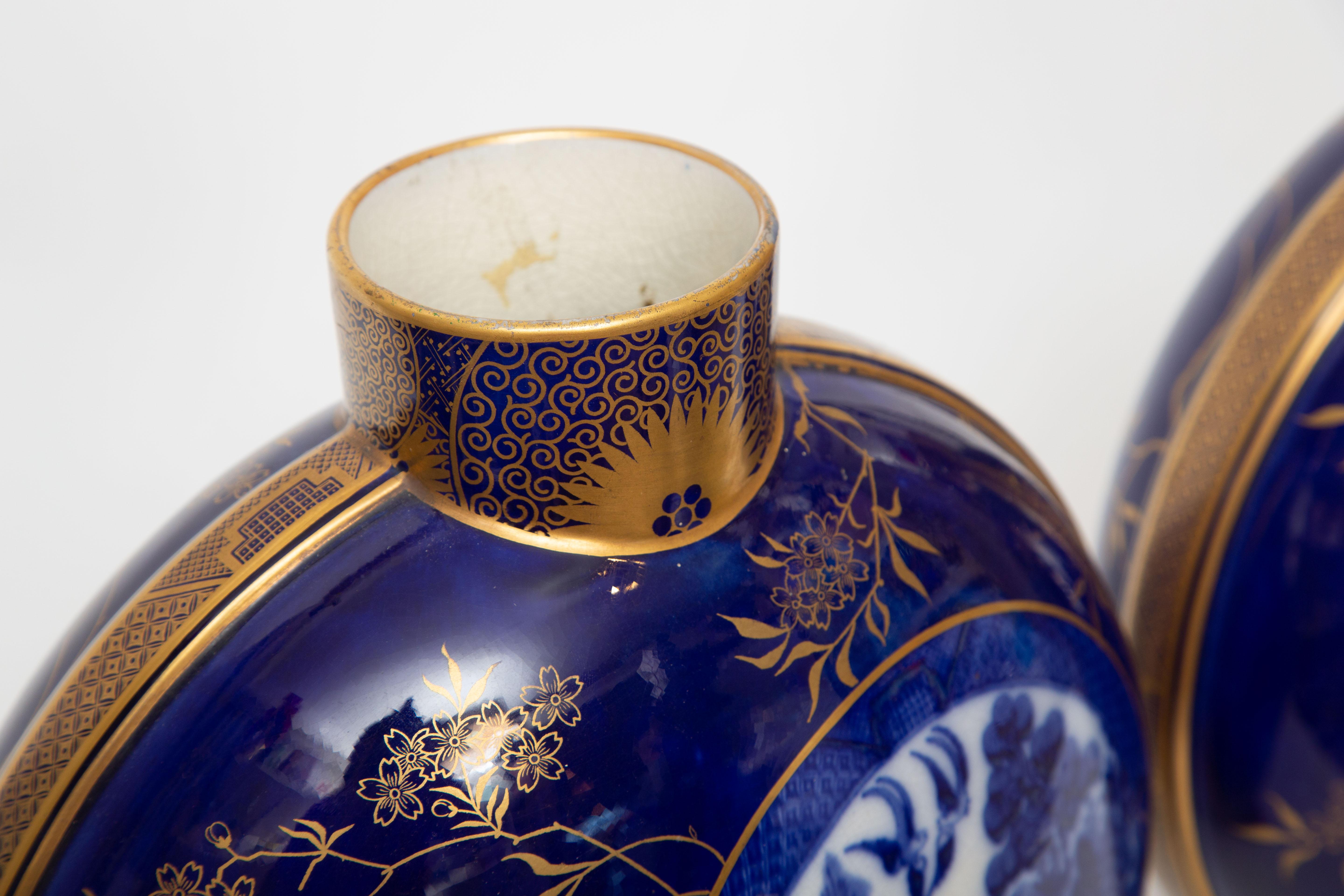Hand-Crafted Pair 19th Century English Flow Blue Willow Vases. Large Size 