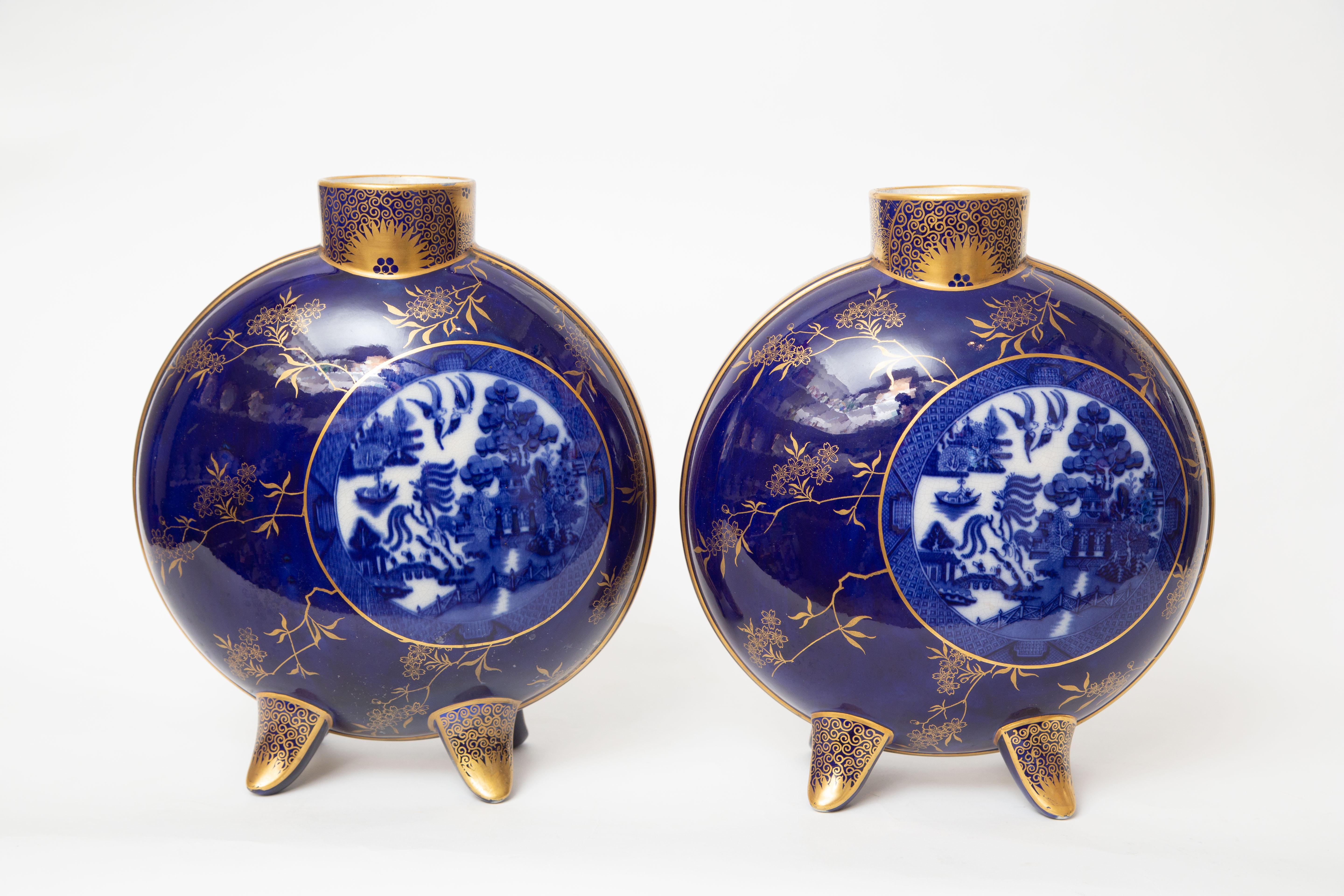 Gold Pair 19th Century English Flow Blue Willow Vases. Large Size 