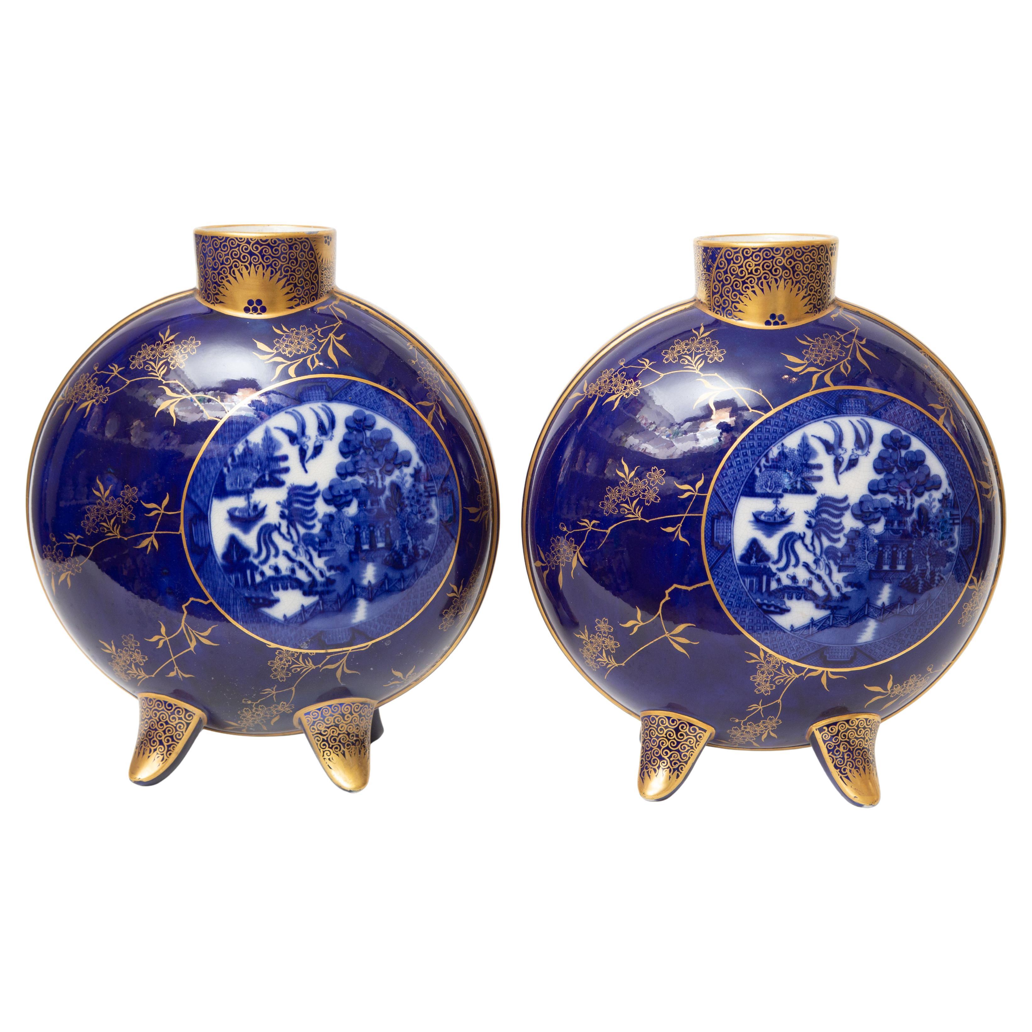 Pair 19th Century English Flow Blue Willow Vases. Large Size "Moon" Shape C 1880 For Sale