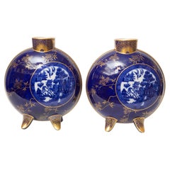 Antique Pair 19th Century English Flow Blue Willow Vases. Large Size "Moon" Shape C 1880