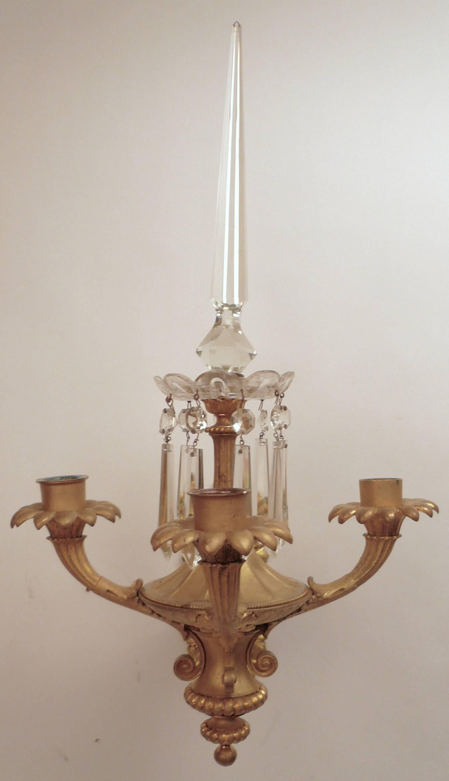 Pair 19th Century English Gilt Brass and Crystal Neoclassical Style Sconces For Sale 6