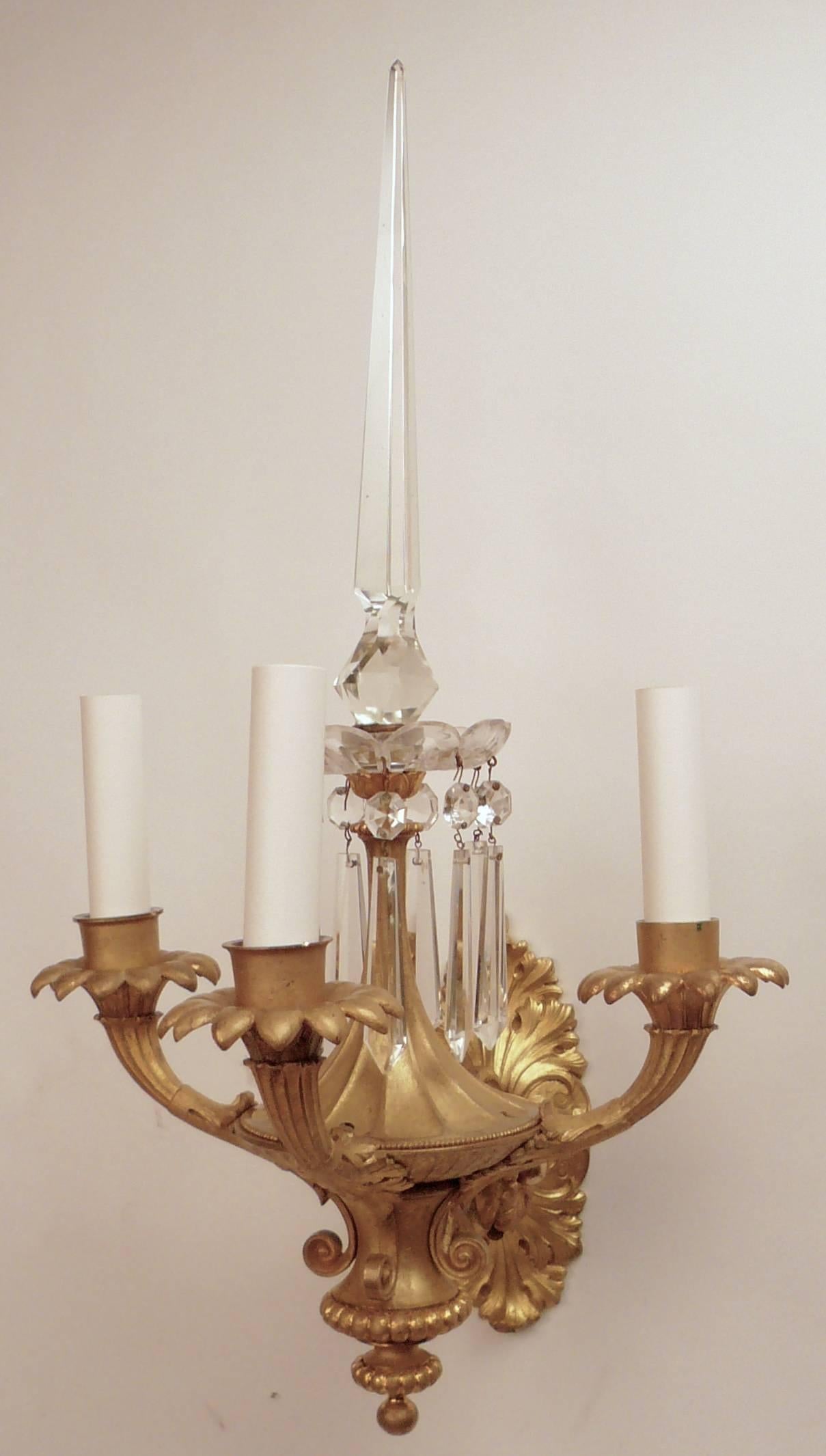 Pair 19th Century English Gilt Brass and Crystal Neoclassical Style Sconces For Sale 2