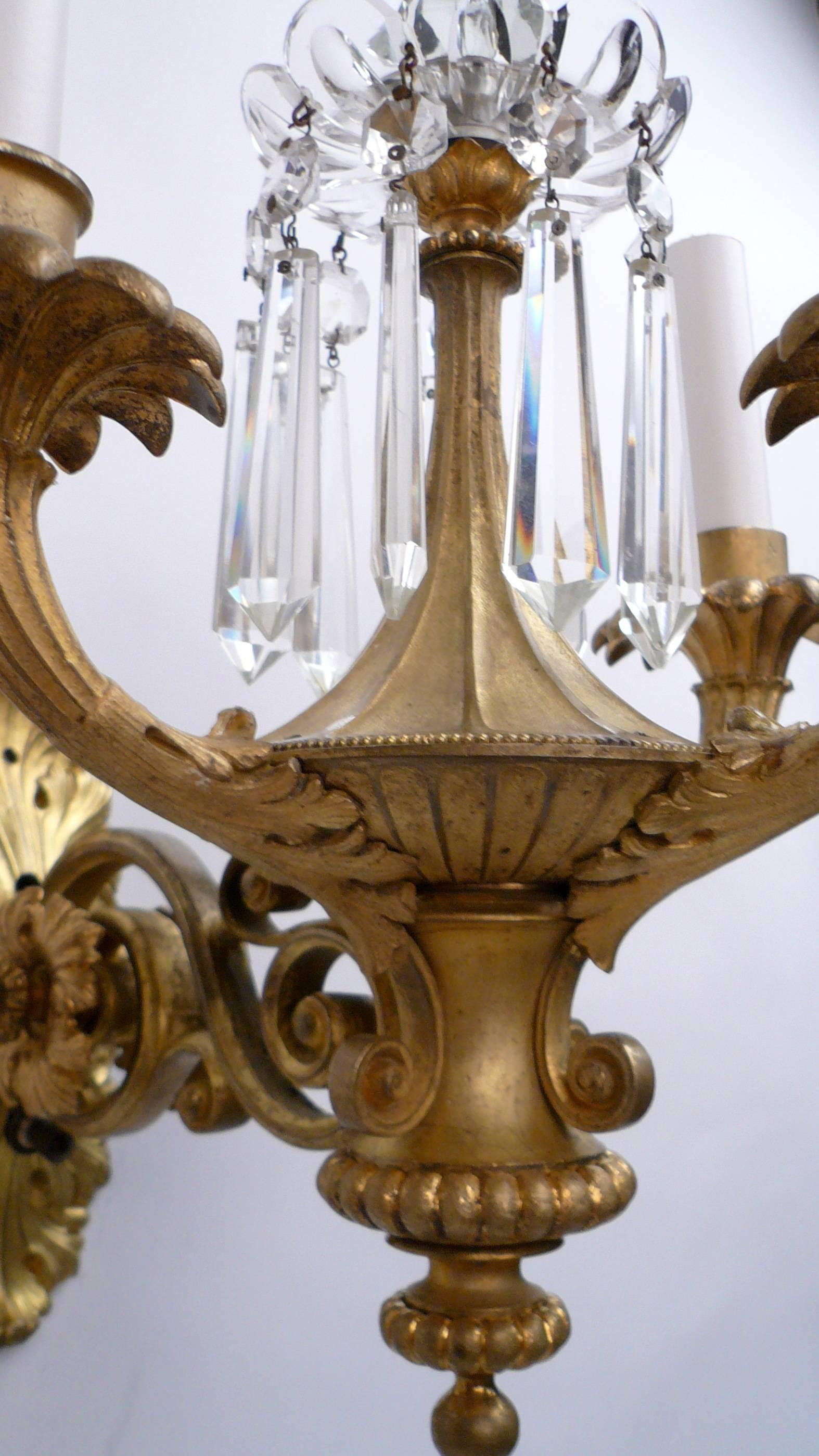 Pair 19th Century English Gilt Brass and Crystal Neoclassical Style Sconces For Sale 5