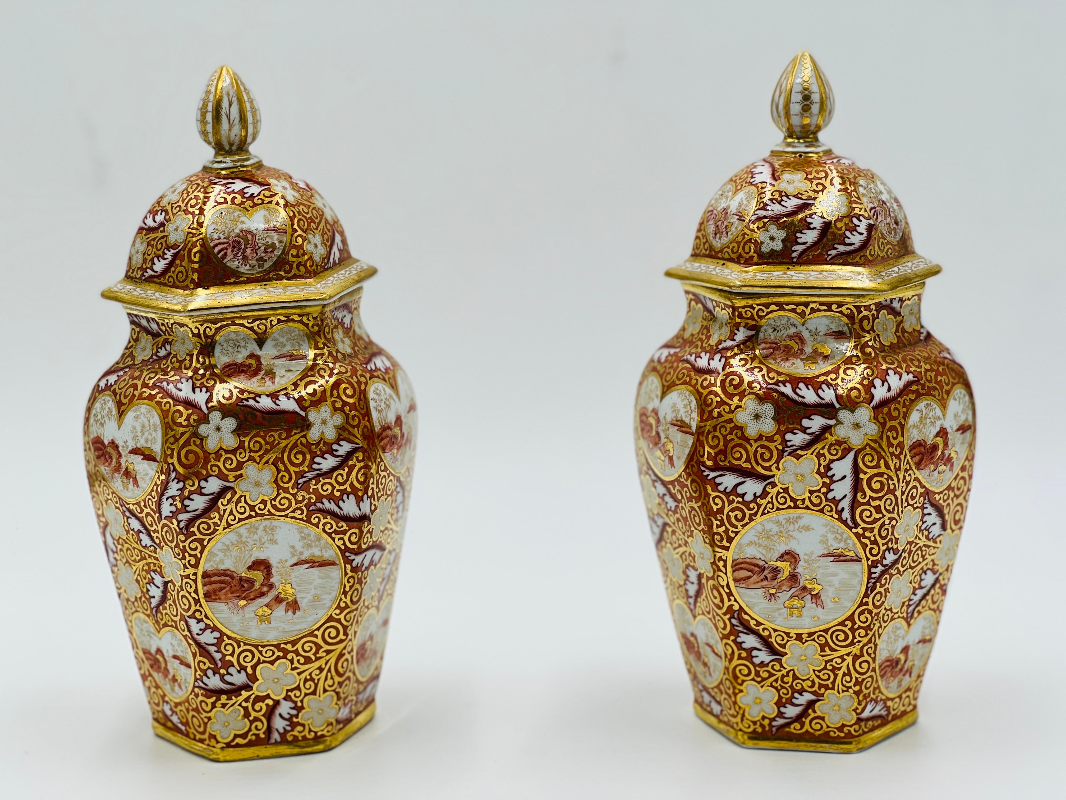 Pair, 19th Century English Japonesque Porcelain Lidded Urns EXC 10.25”.

A pair of absolutely exceptional English porcelain lidded urns in an unidentified pattern. Possibly Coalport or Chamberlain Worcester.

10.25” h x 5.25” w

No significant
