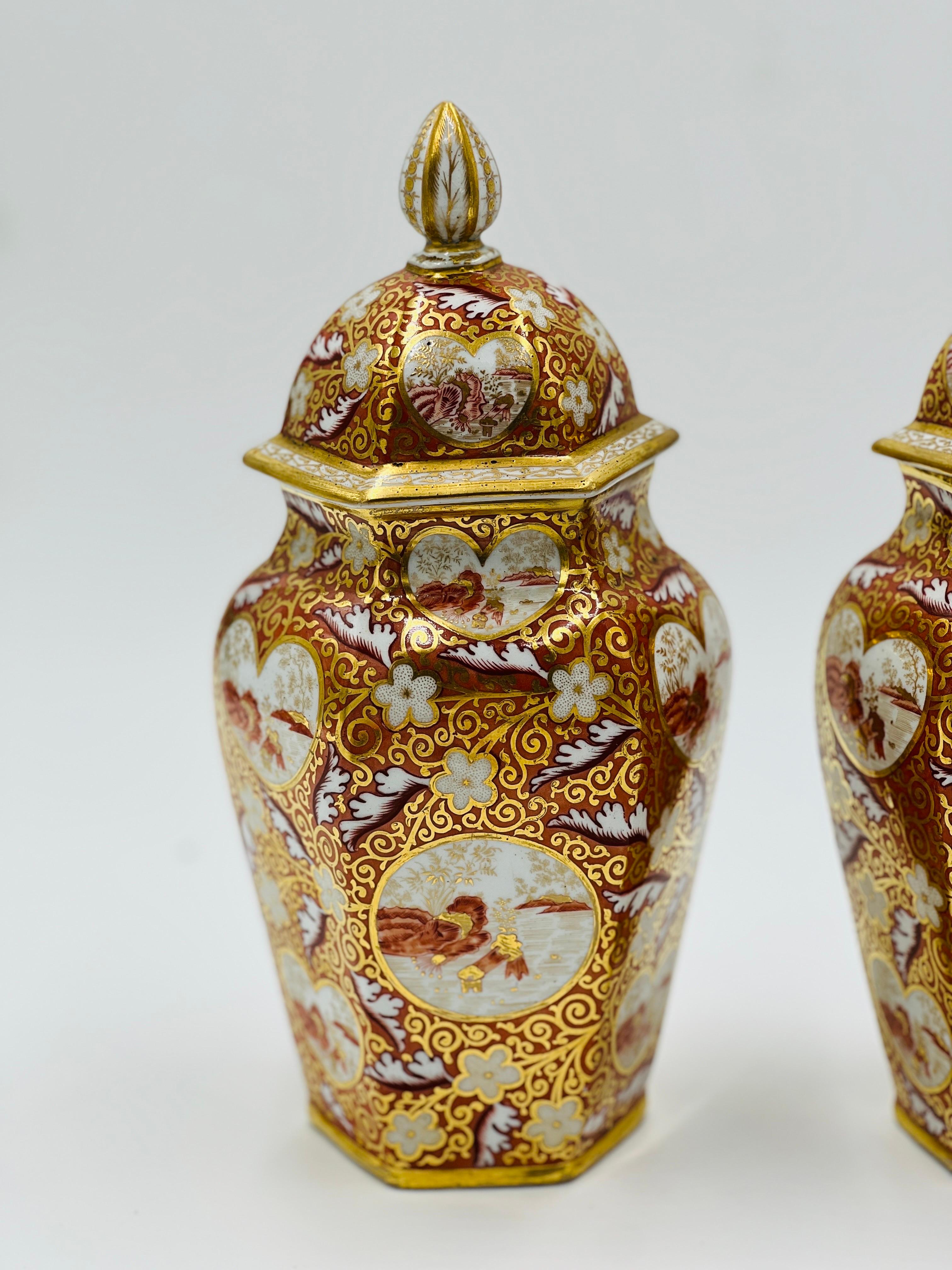 Pair, 19th Century English Japonesque Porcelain Lidded Urns Exc 10.25” For Sale 1