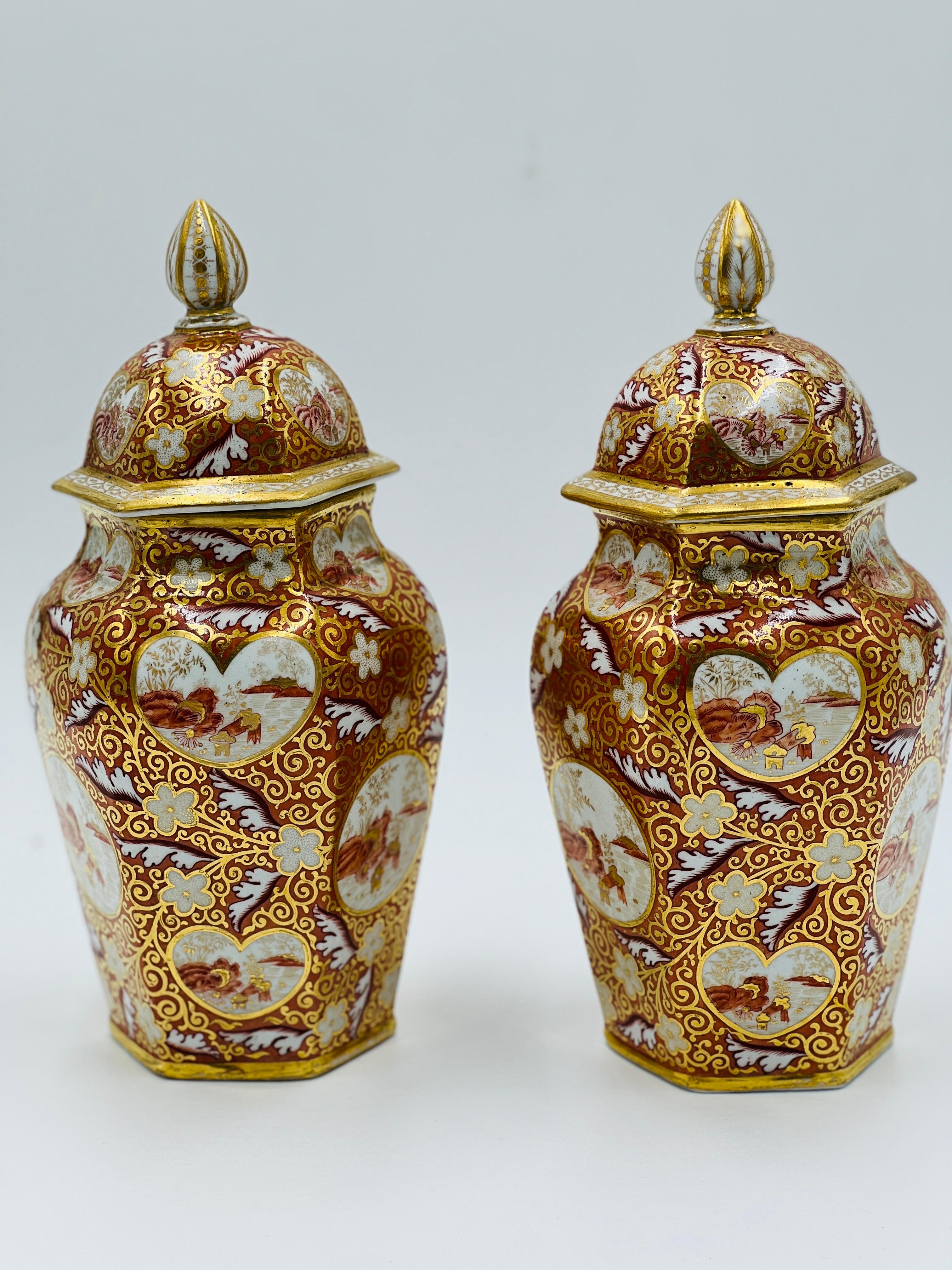 Pair, 19th Century English Japonesque Porcelain Lidded Urns Exc 10.25” For Sale 2