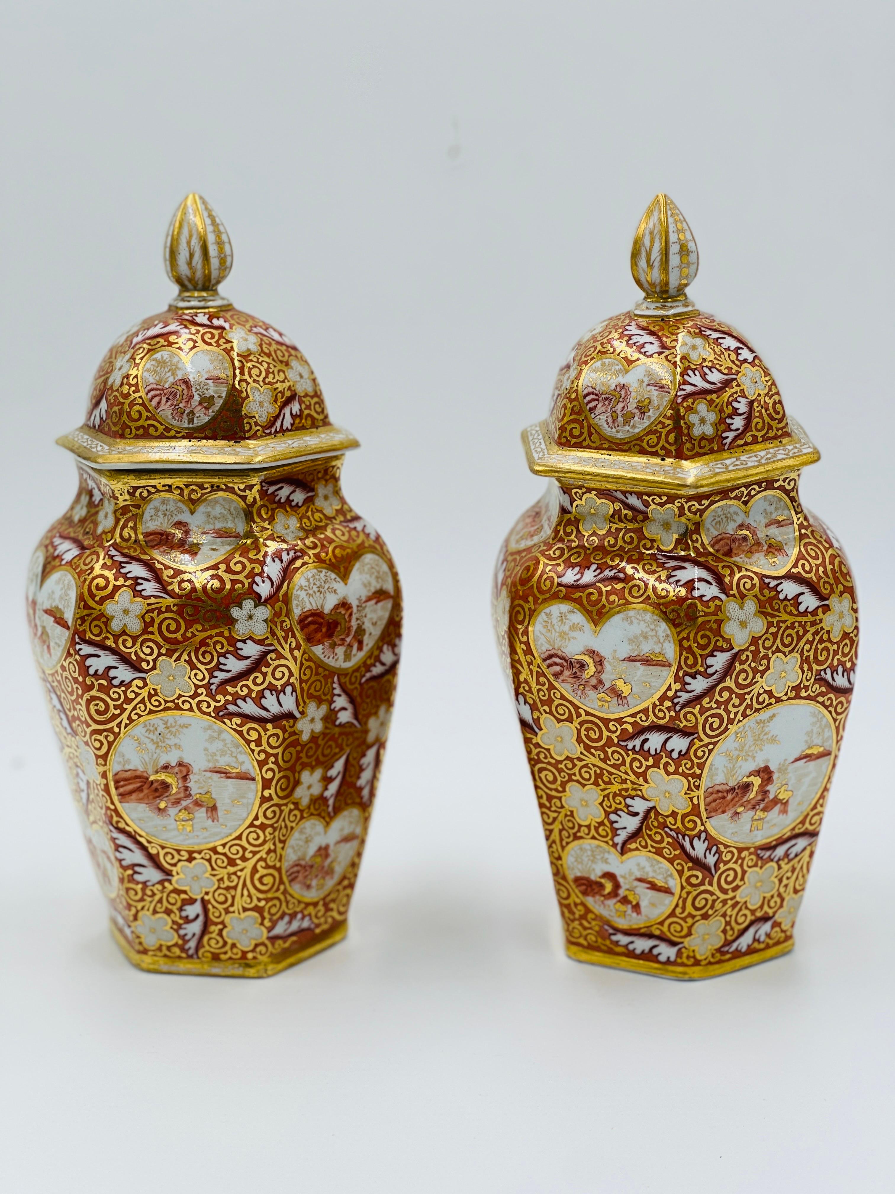 Pair, 19th Century English Japonesque Porcelain Lidded Urns Exc 10.25” For Sale 3