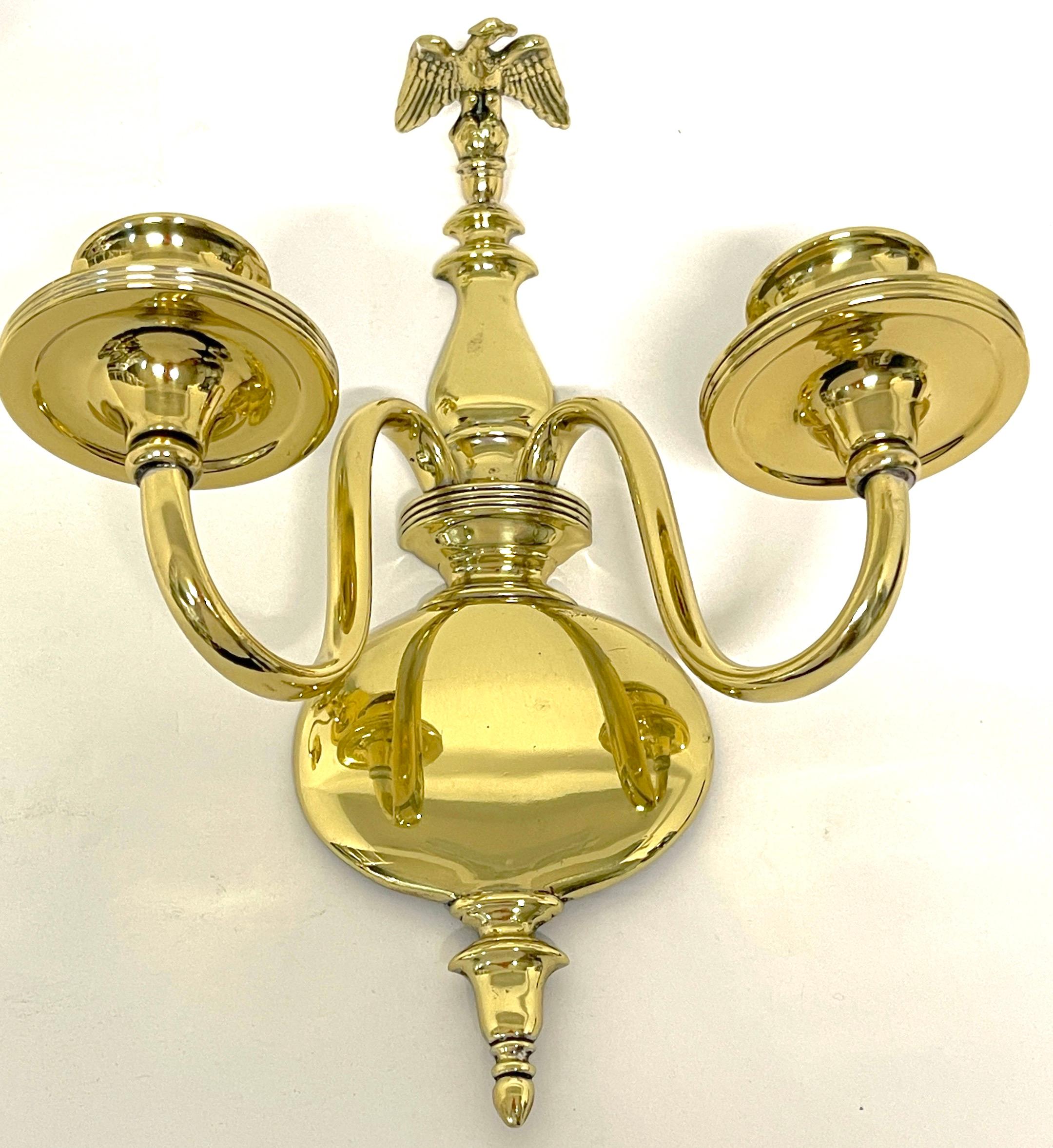 Regency Revival Pair 19th Century English Regency Brass Eagle Two-Light Candle Wall Sconces For Sale