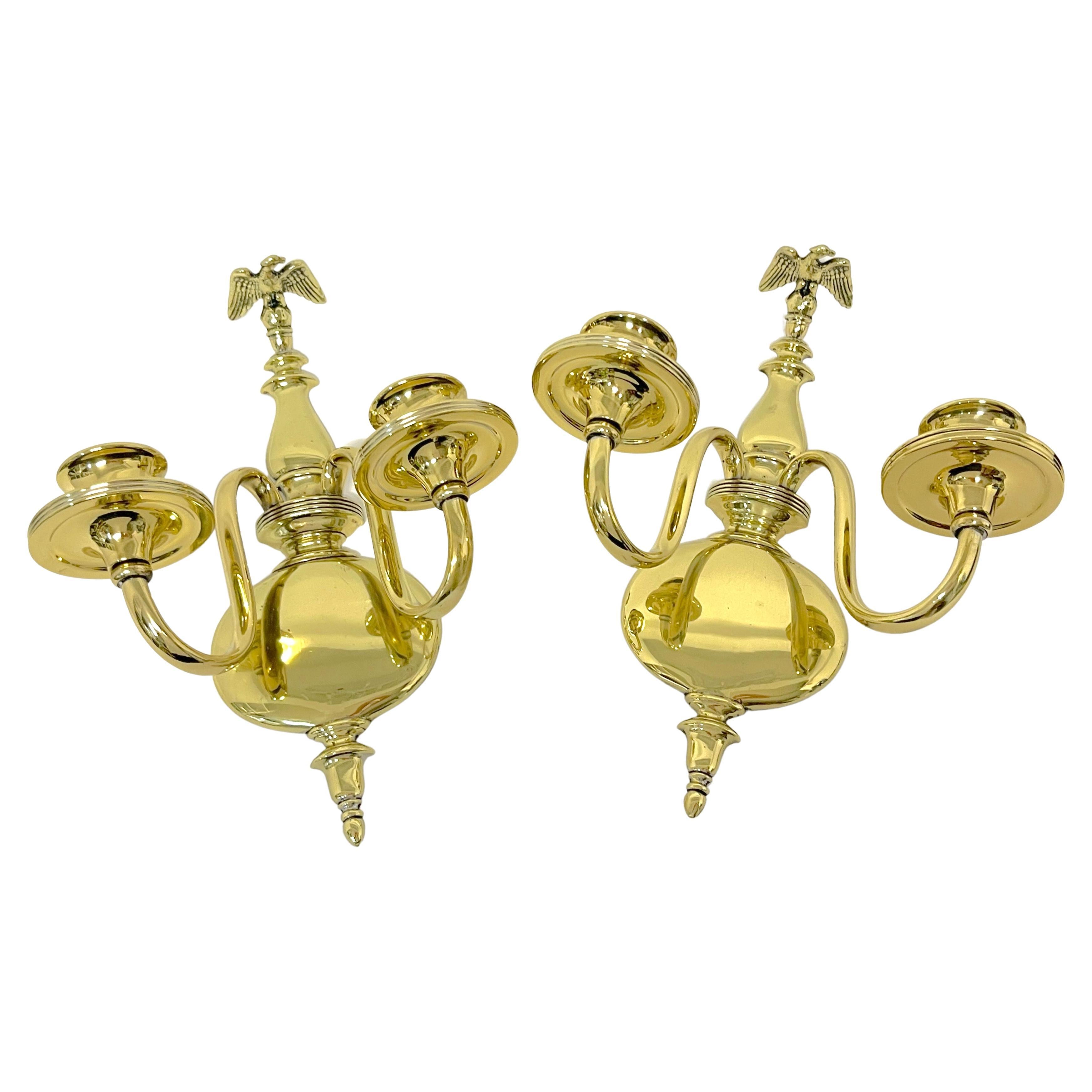 Pair 19th Century English Regency Brass Eagle Two-Light Candle Wall Sconces For Sale